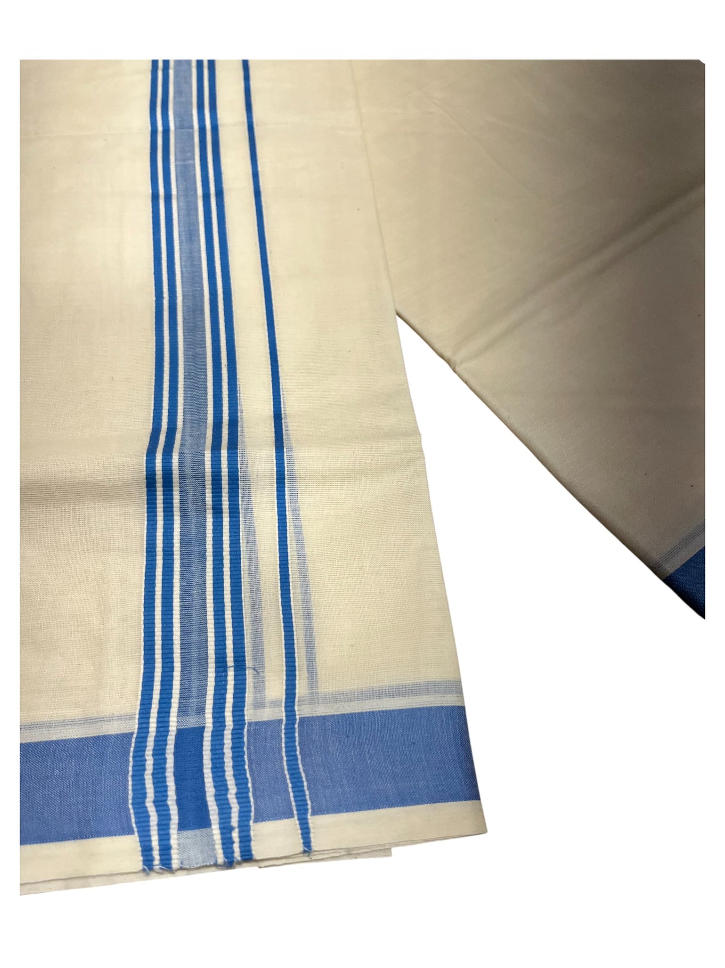 Southloom Pure Cotton Double Mundu With White Lines & Blue Border (South Indian Kerala Dhoti)