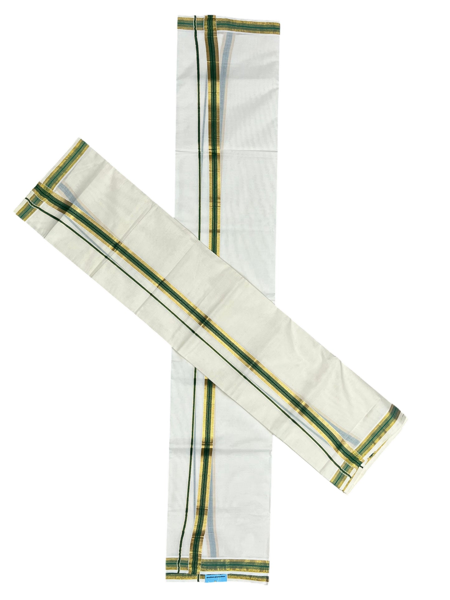 Southloom Pure Cotton Kerala Single Set Mundu (Mundum Neriyathum) with Green and Kasavu Border 2.80 Mtrs SLKK