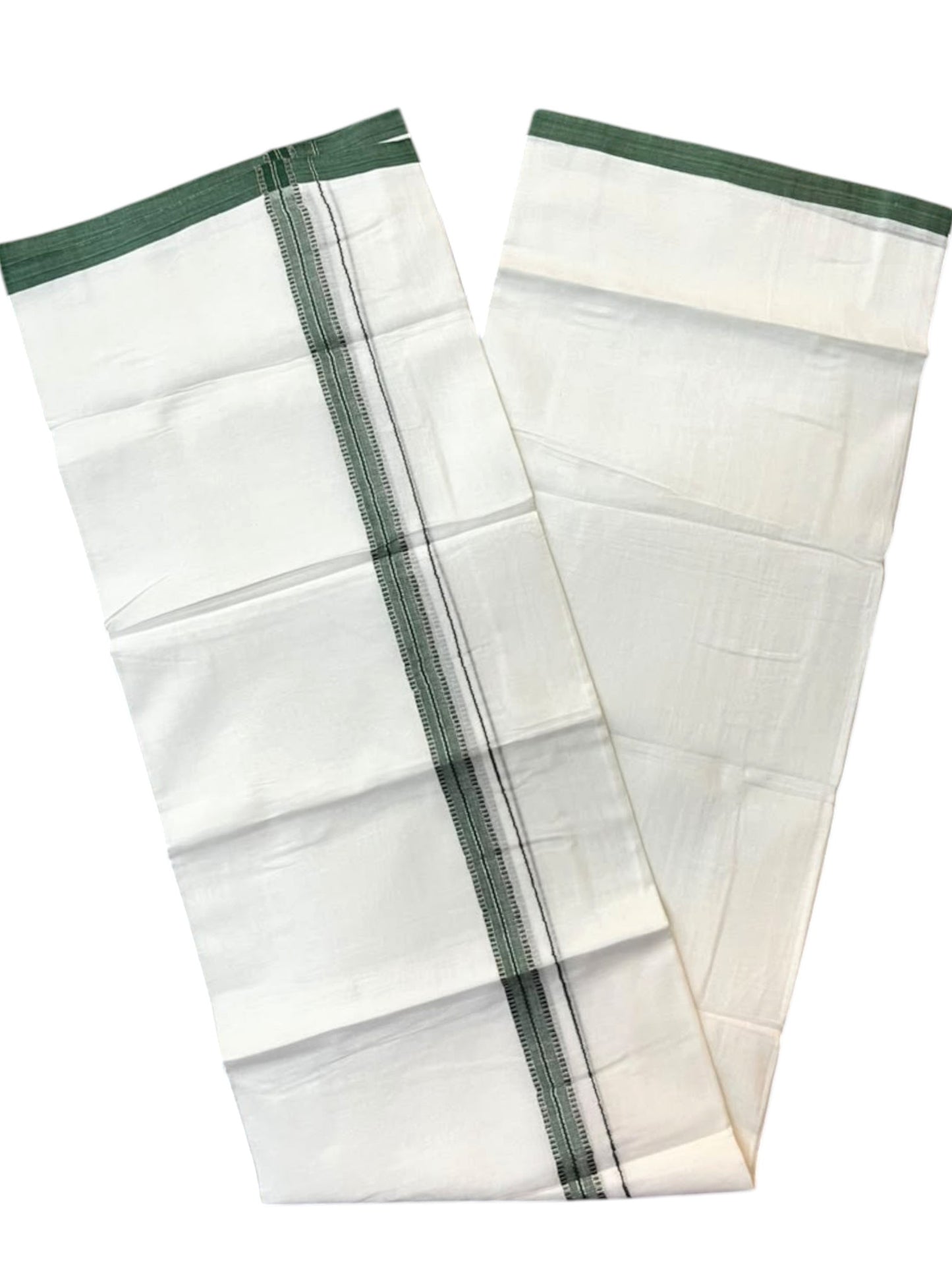 Southloom Pure White Cotton Mundu with Green & Silver Line Border (South Indian Kerala Dhoti)