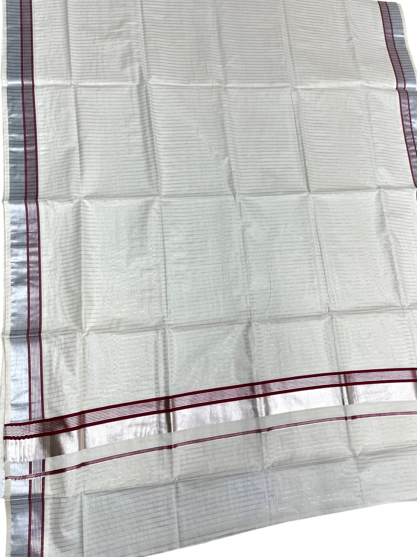 Southloom Pure Cotton Kerala Silver Kasavu Lines Saree with Maroon and Silver Border