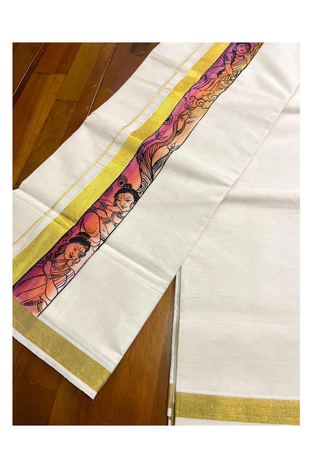 Kerala Pure Cotton Double Mundu with Mural Hand Painted Design on Kasavu Border (South Indian Kerala Dhoti)