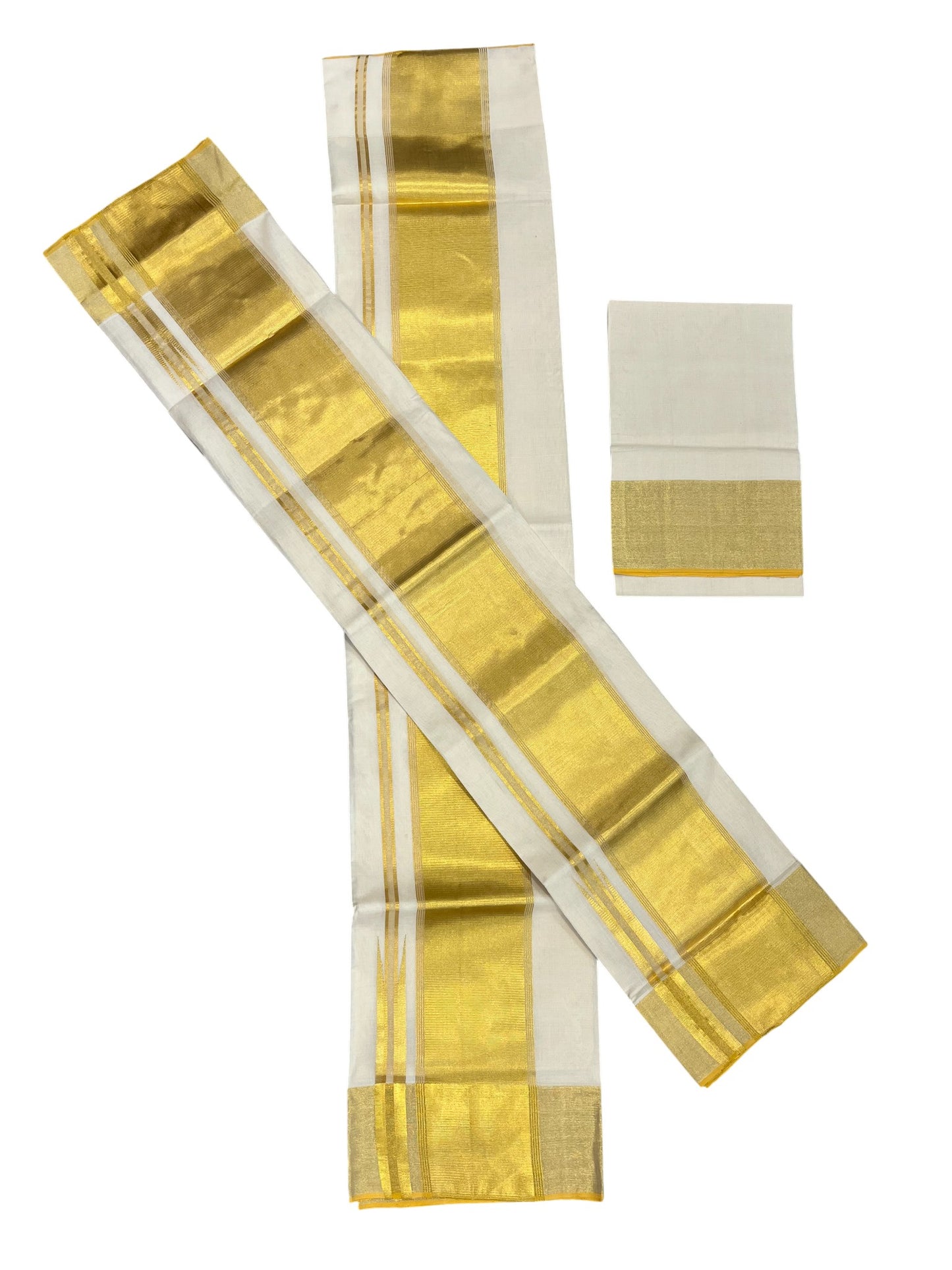 Southloom Premium Handloom Cotton Set Mundu (Mundum Neriyathum) with Kasavu and Green Lines Border 2.80 Mtrs