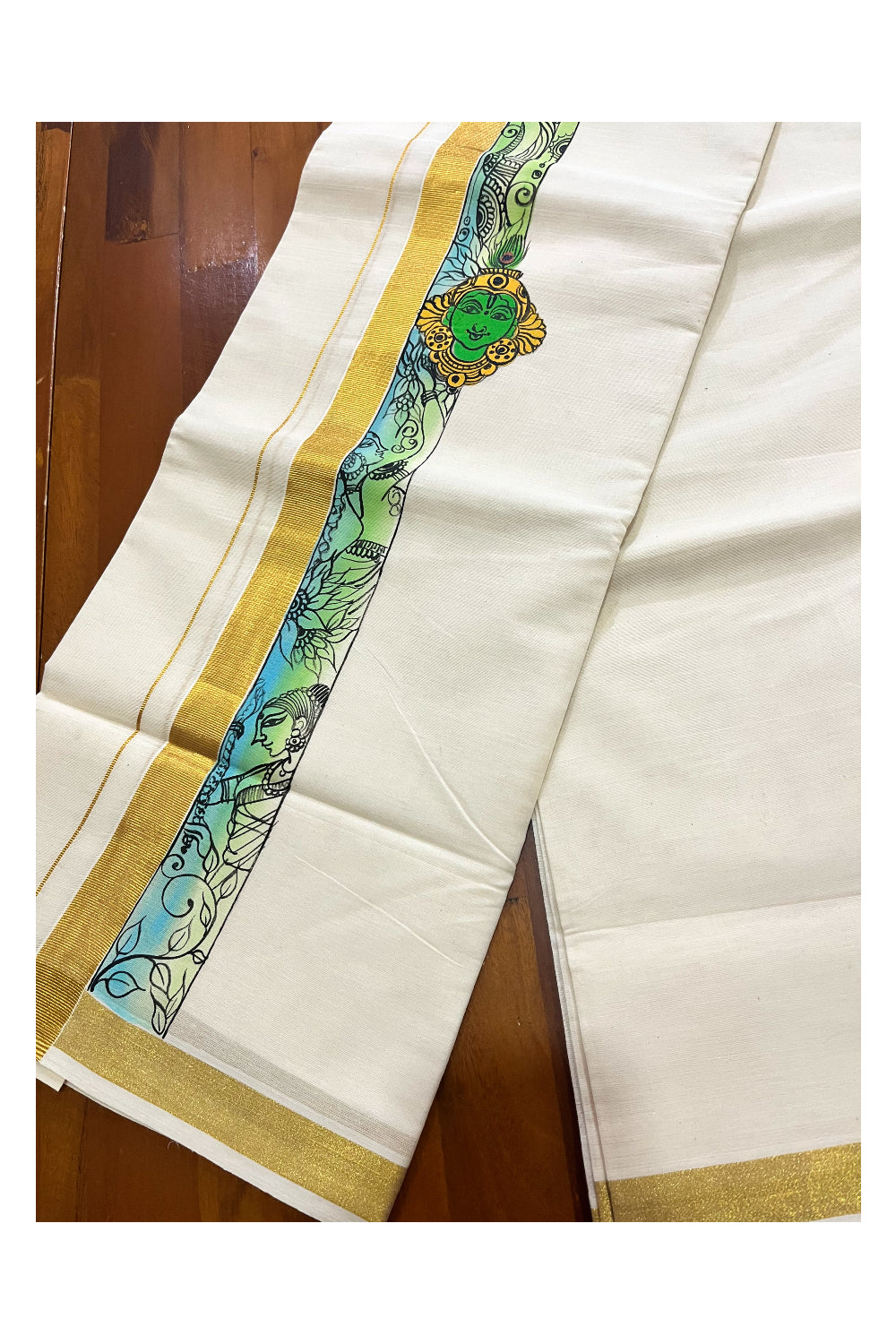 Pure Cotton Kerala Double Mundu with Krishna Hand Painted Designs on Kasavu Border (Vishu Collection 2024)