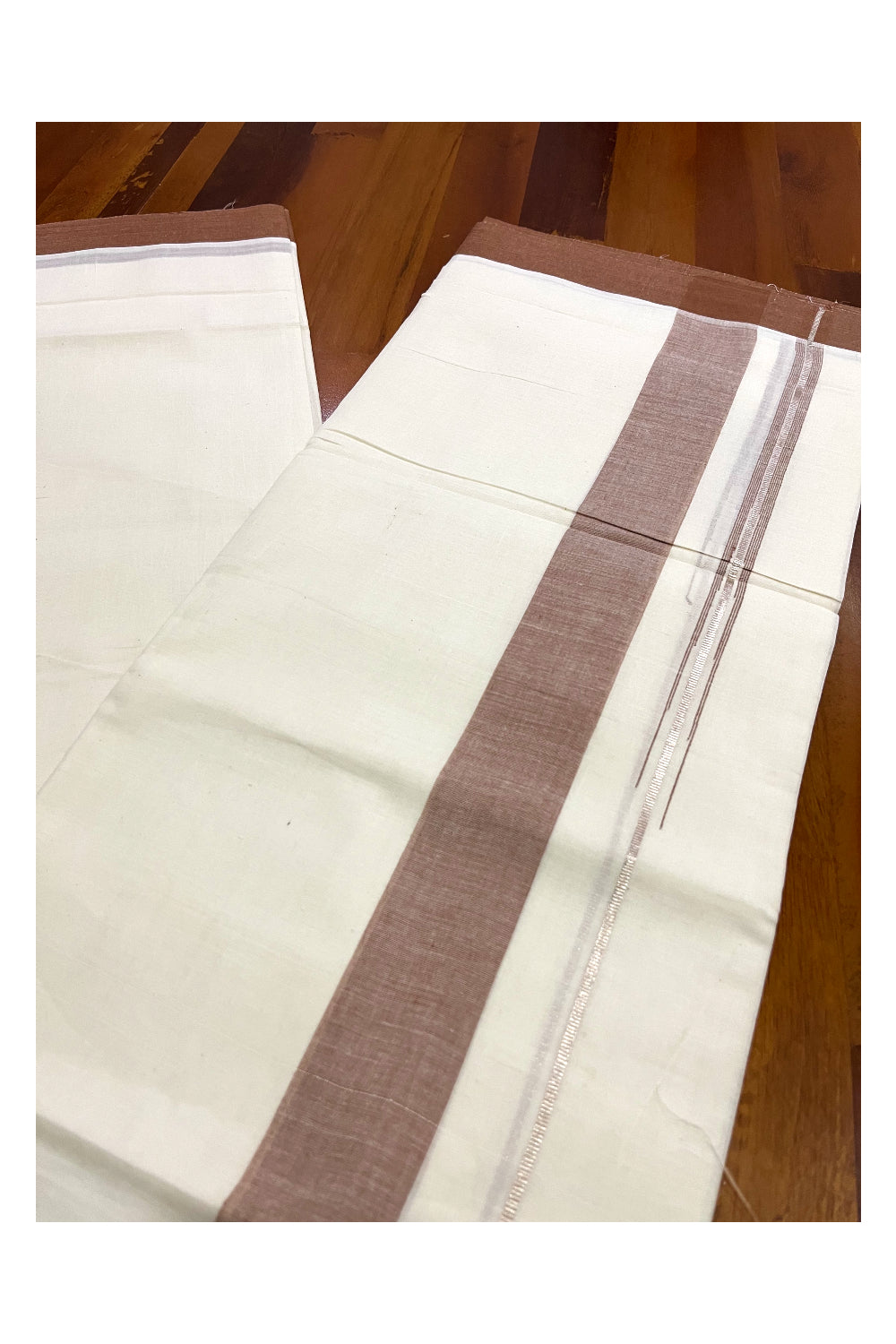 Pure Cotton Kerala Double Mundu with Brown and Kasavu Line Chutti Border (South Indian Kerala Dhoti)