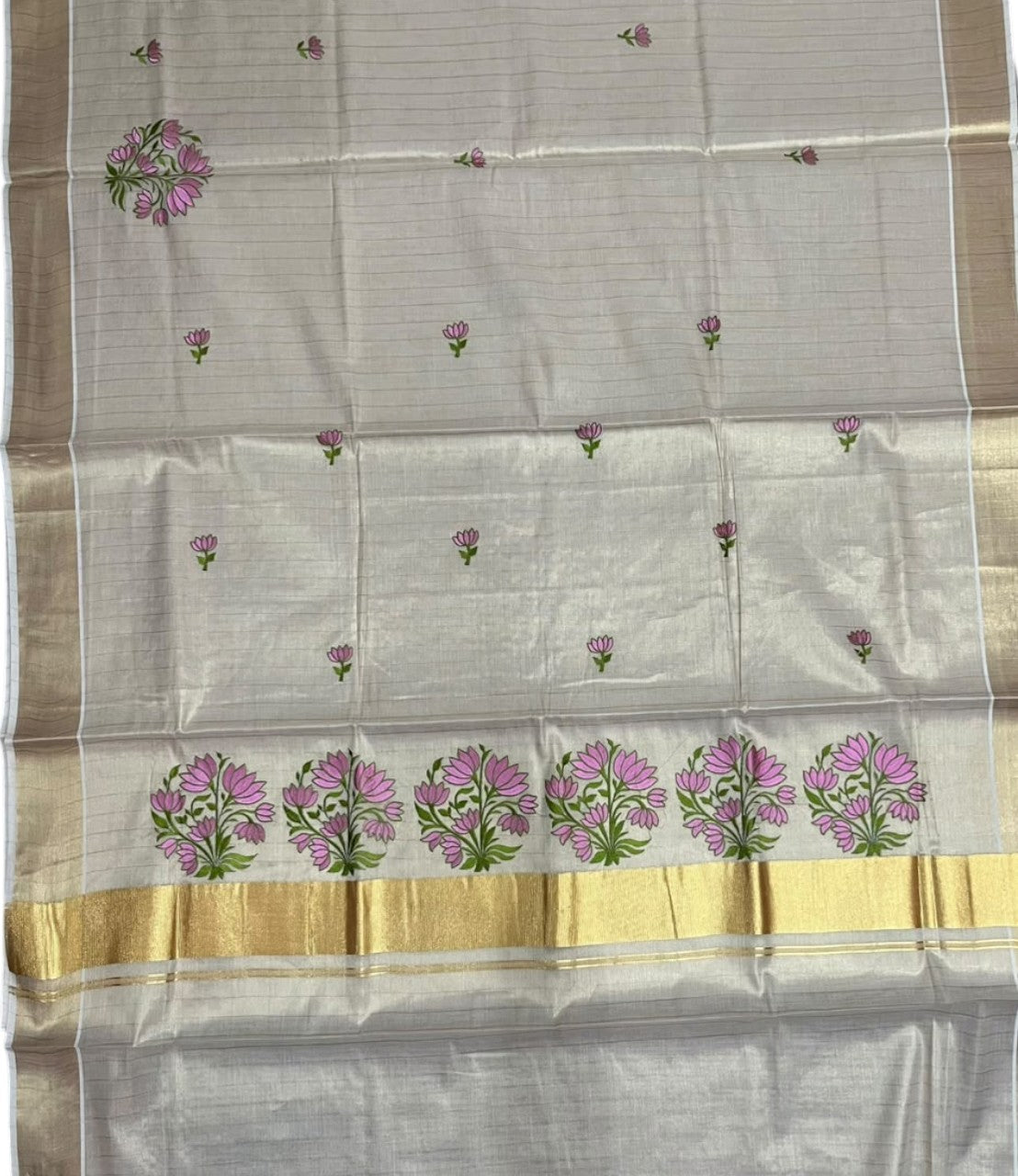 Southloom Tissue Kerala Kasavu Saree with Floral Embroidery Design On Border