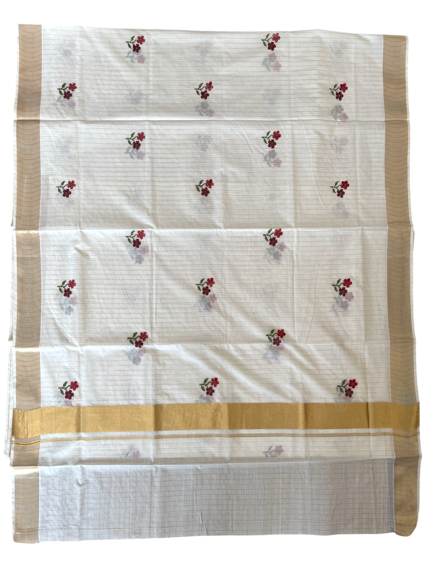 Southloom Kerala Cotton Kasavu Stripes Saree with Red and Maroon Floral Embroidery Work