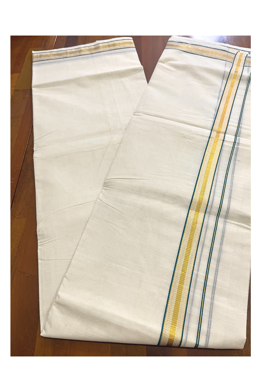 Kerala Pure Cotton Double Mundu with Green and Kasavu Lines Border