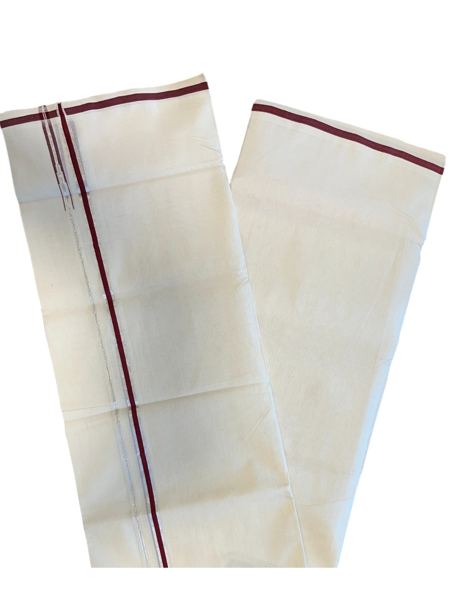 Southloom Premium Handloom Cotton Double Mundu with Silver and Red Chutti Kara Border