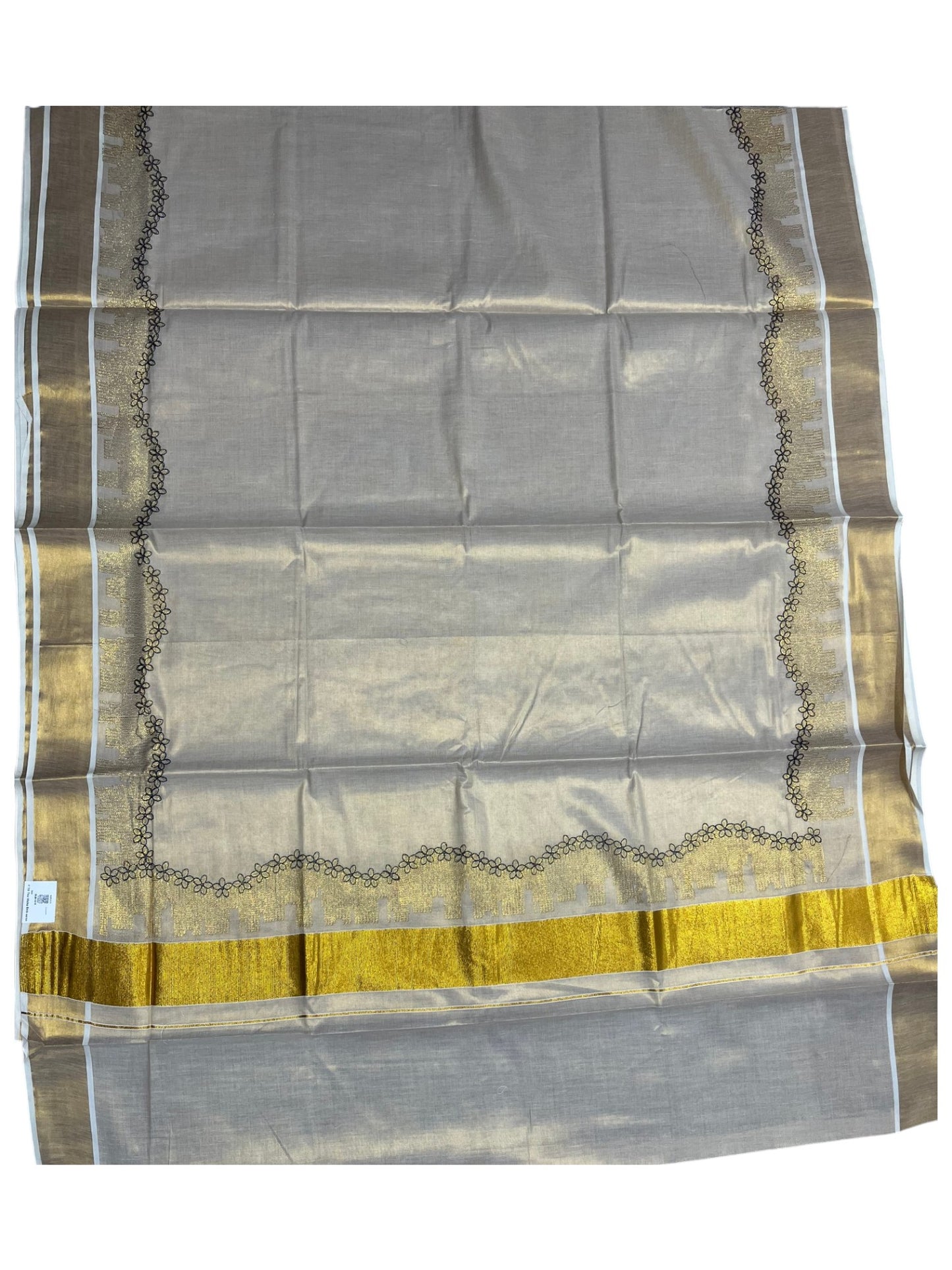 Southloom Tissue Kerala Kasavu Saree with Blue Floral  Embroidery Design