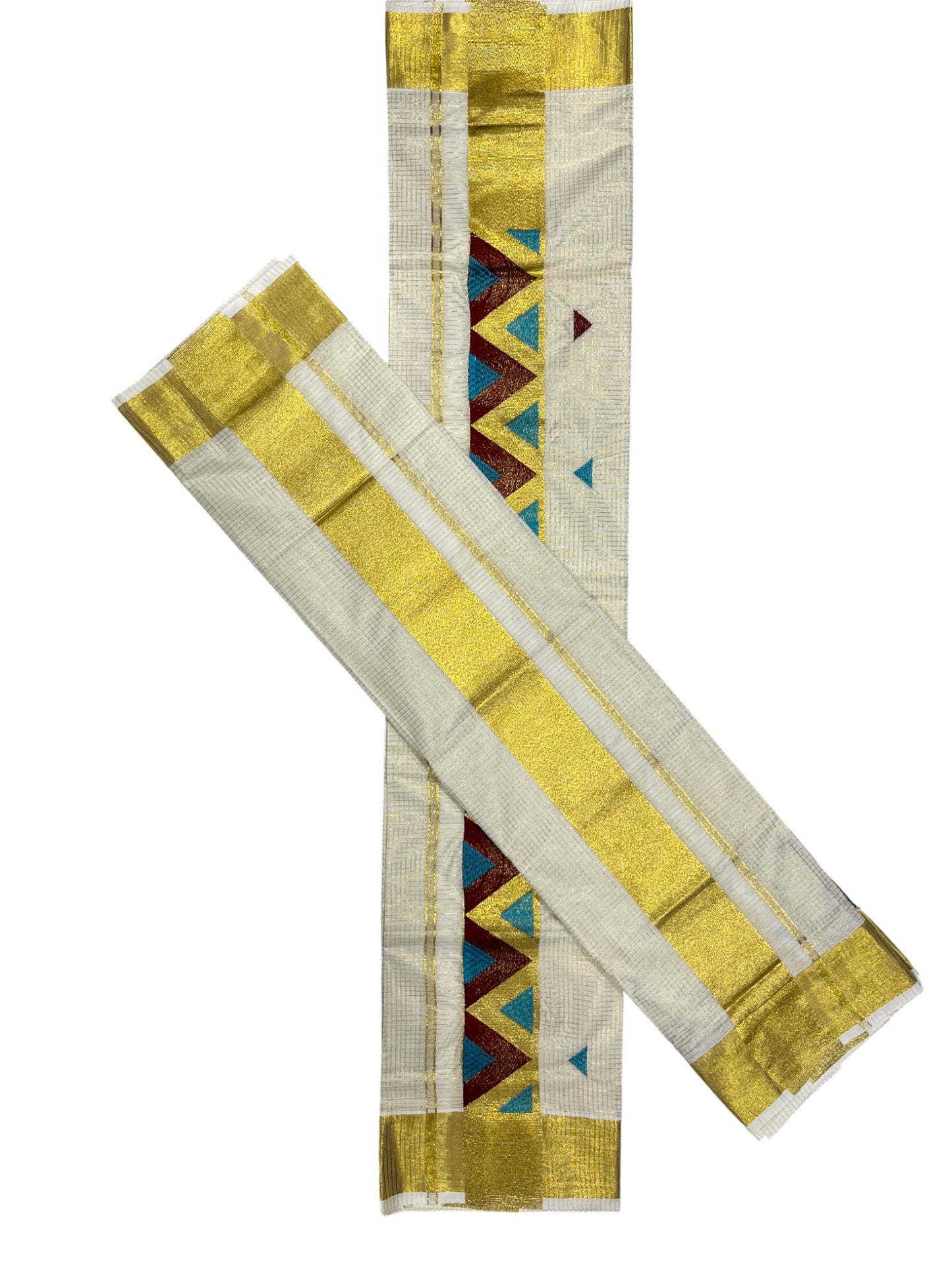 southloom Kerala TIssue Kasavu Mundum Neriyathum  (Set Mundu) with Blue Brown  Embroidery Designs in Kasavu Border