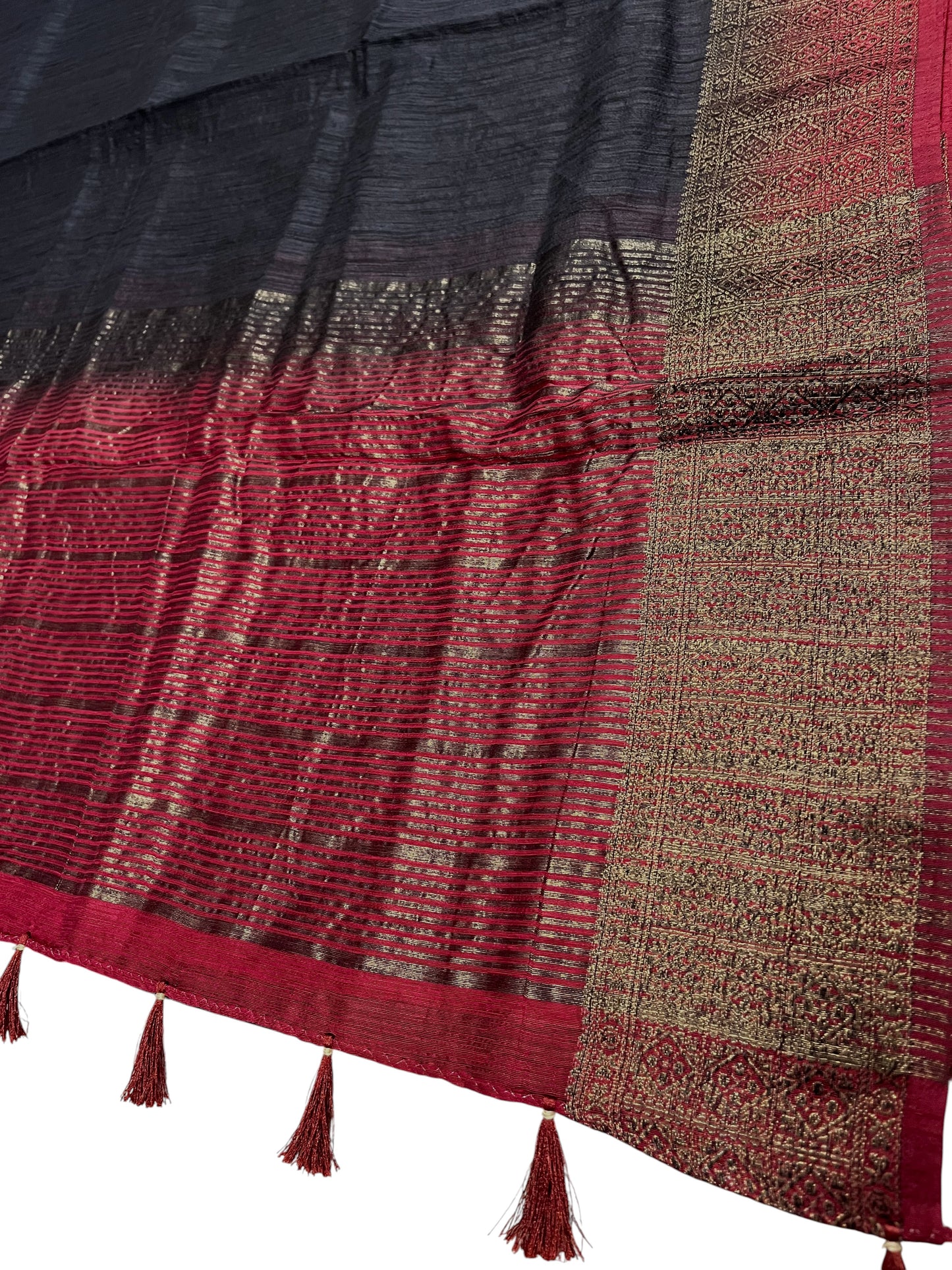 Southloom Jute Designer Black Saree  And Maroon Zari Woven Work Border with Tussles