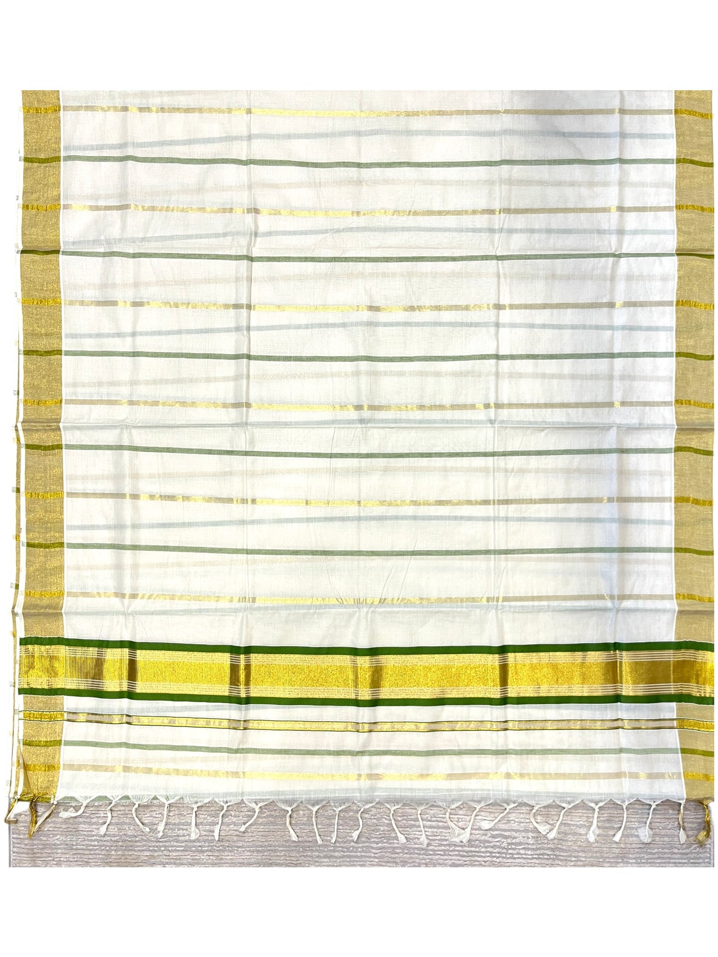 Southloom Kerala Cotton Kasavu Saree with Gold And Olive Green Lines on Body