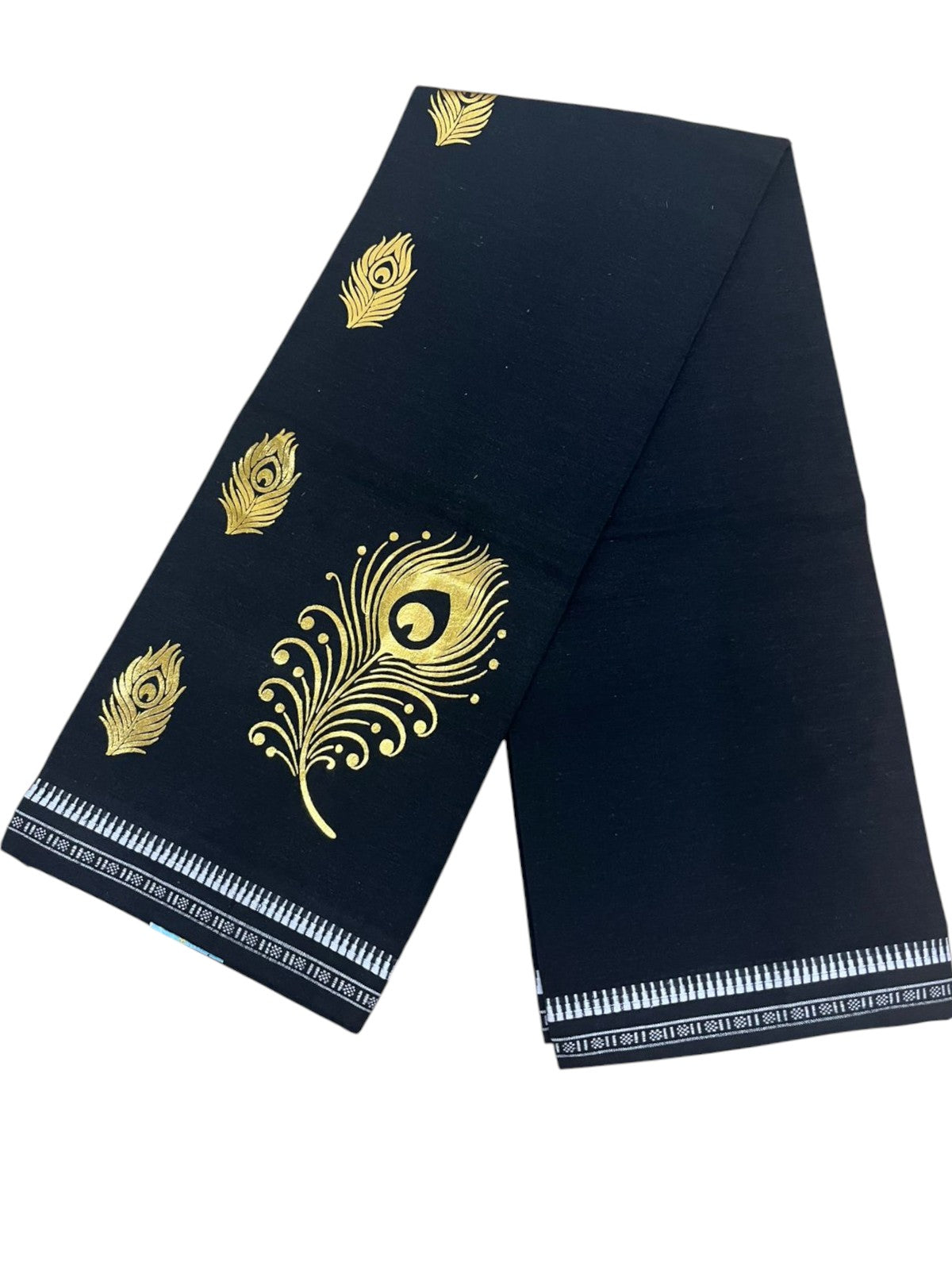 Southloom Black Printed Single Mundu / Otta Mundu / Lungi (South Indian Kerala Dhoti) with Peacock FeatherPrint