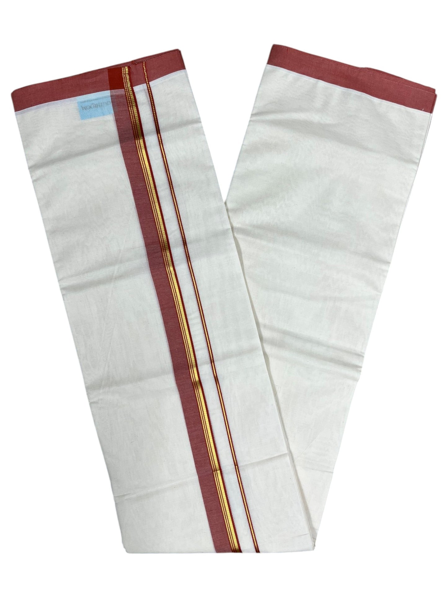 Southloom Pure Cotton Mundu with Gold Lines and Brike Red Border (South Indian Kerala Dhoti)