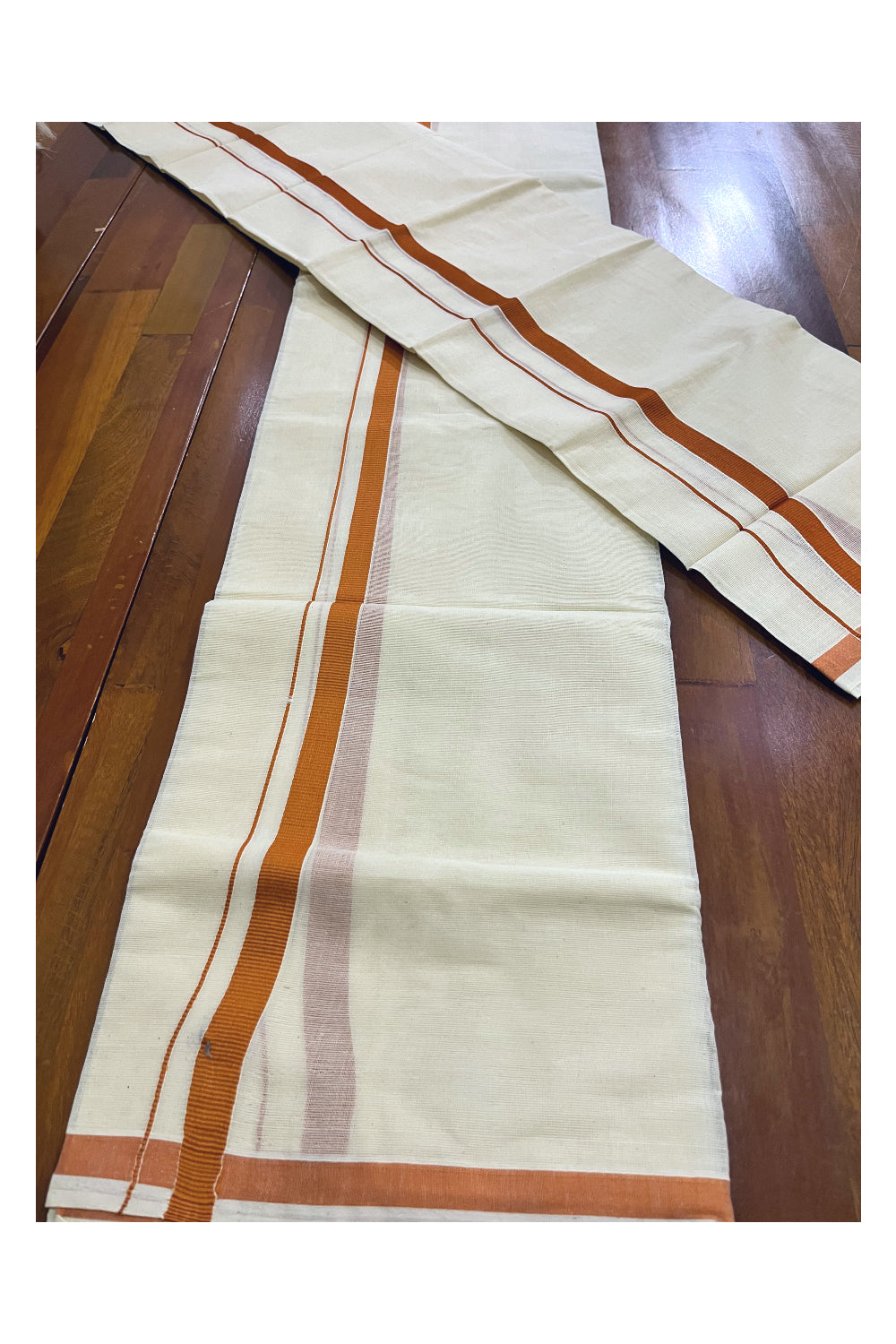 Kerala Cotton Plain Mundum Neriyathum Single (Set Mundu) with 0.5 inch Orange Border