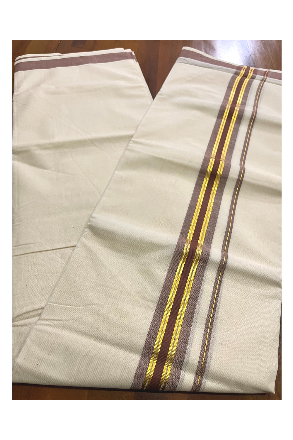 Pure Cotton Off White Kerala Double Mundu with Brown and Kasavu Border (South Indian Dhoti)