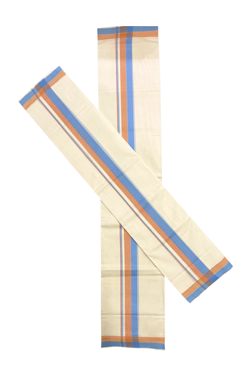 Southloom Premium Handloom Single Set Mundu (Mundum Neriyathum) with Blue and Orange Border 2.80 Mtrs