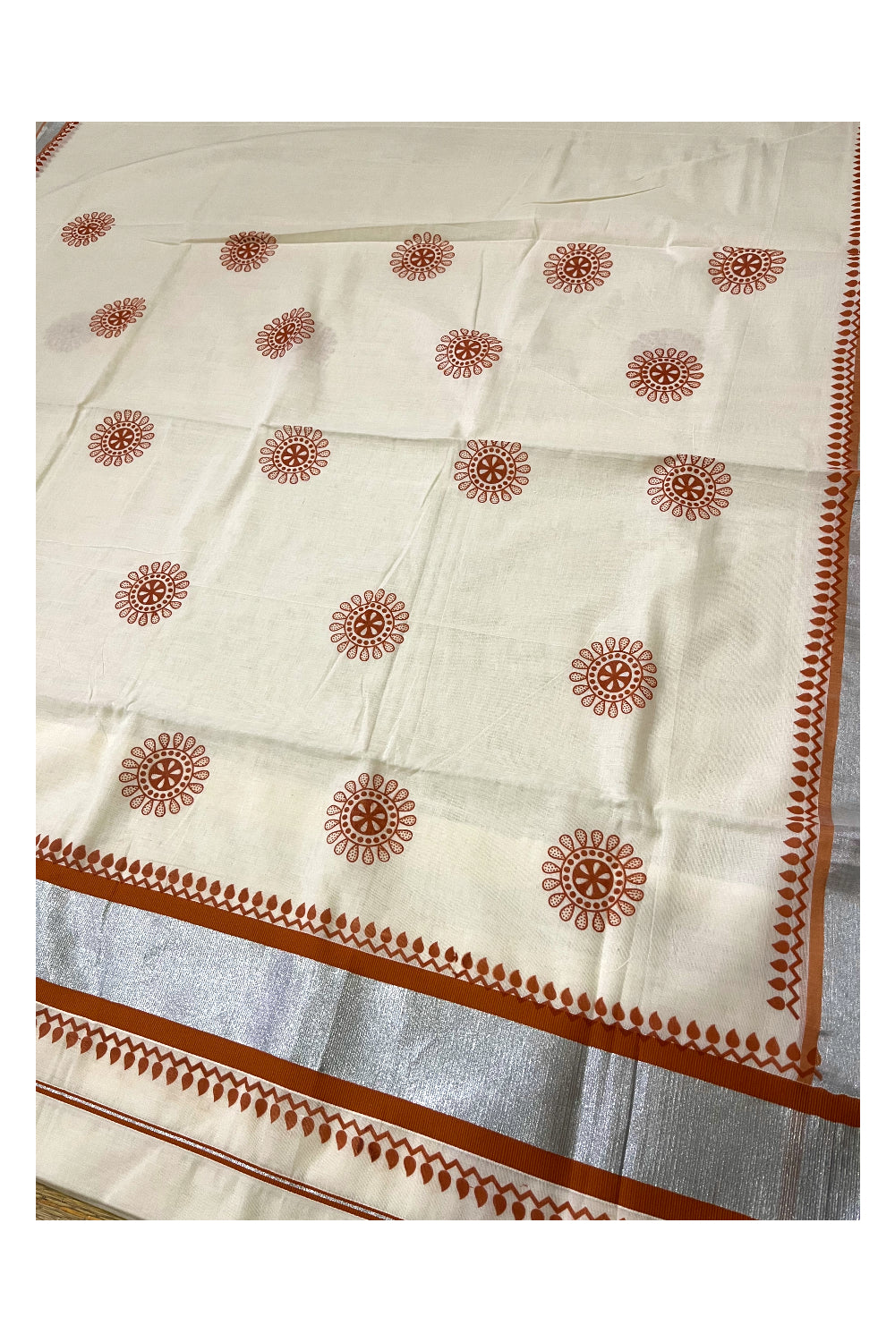 Kerala Pure Cotton Saree with Orange Block Prints and Silver Kasavu Border