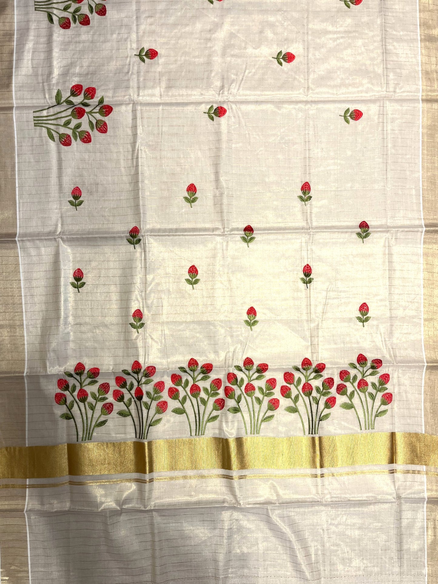 Southloom Tissue Kerala Kasavu Saree with Floral Embroidery Design