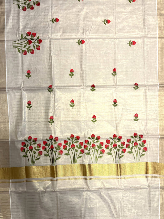 Southloom Tissue Kerala Kasavu Saree with Floral Embroidery Design