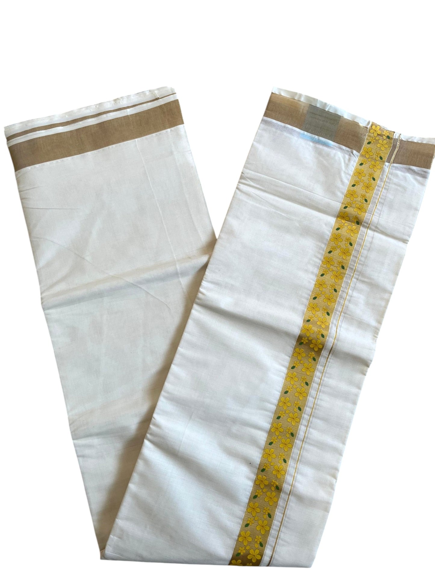 Southloom Kerala Pure Cotton Double Mundu with Kasavu Yellow And Kanikonna Print (South Indian Kerala Dhoti) SL288