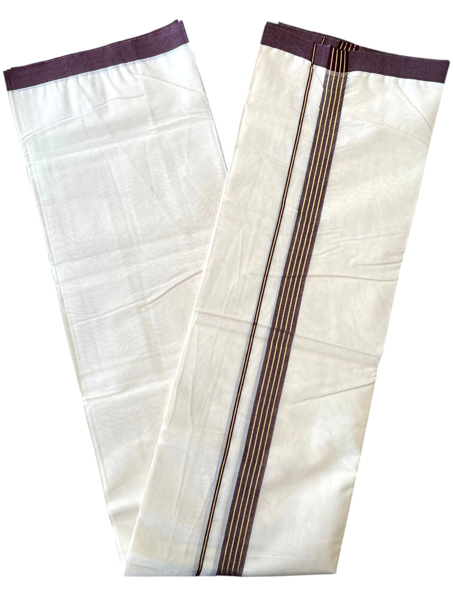 Southloom Pure Cotton Mundu with Golden Lines and Purple Border (South Indian Kerala Dhoti)