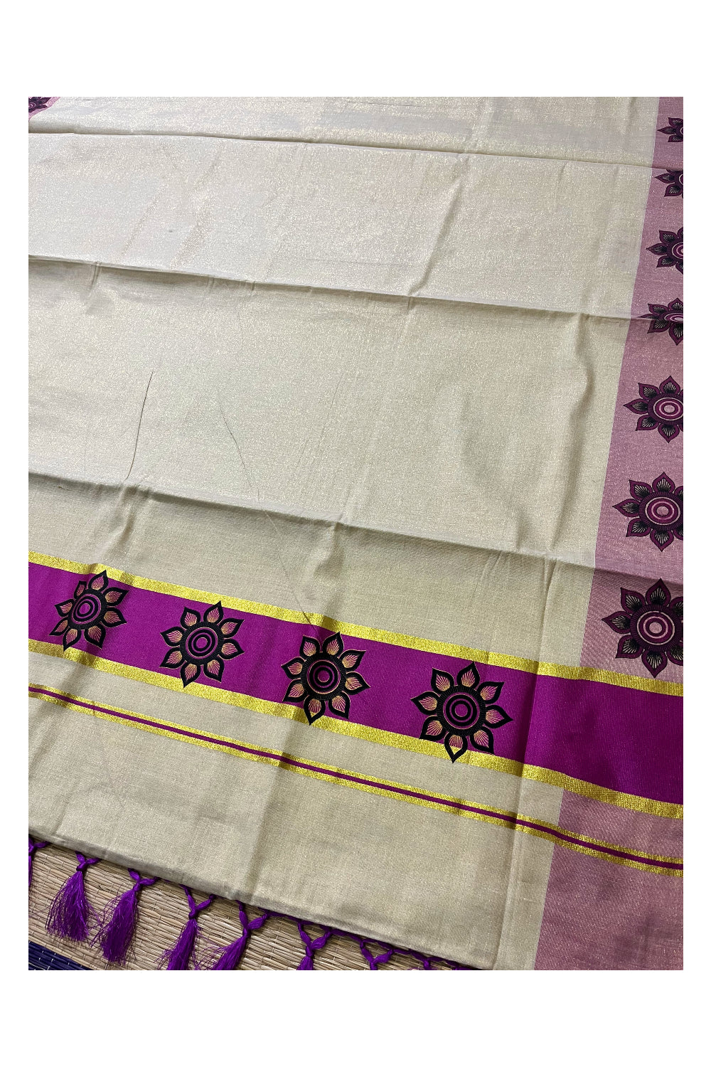 Kerala Tissue Kasavu Saree with Floral Block Prints in Magenta Border