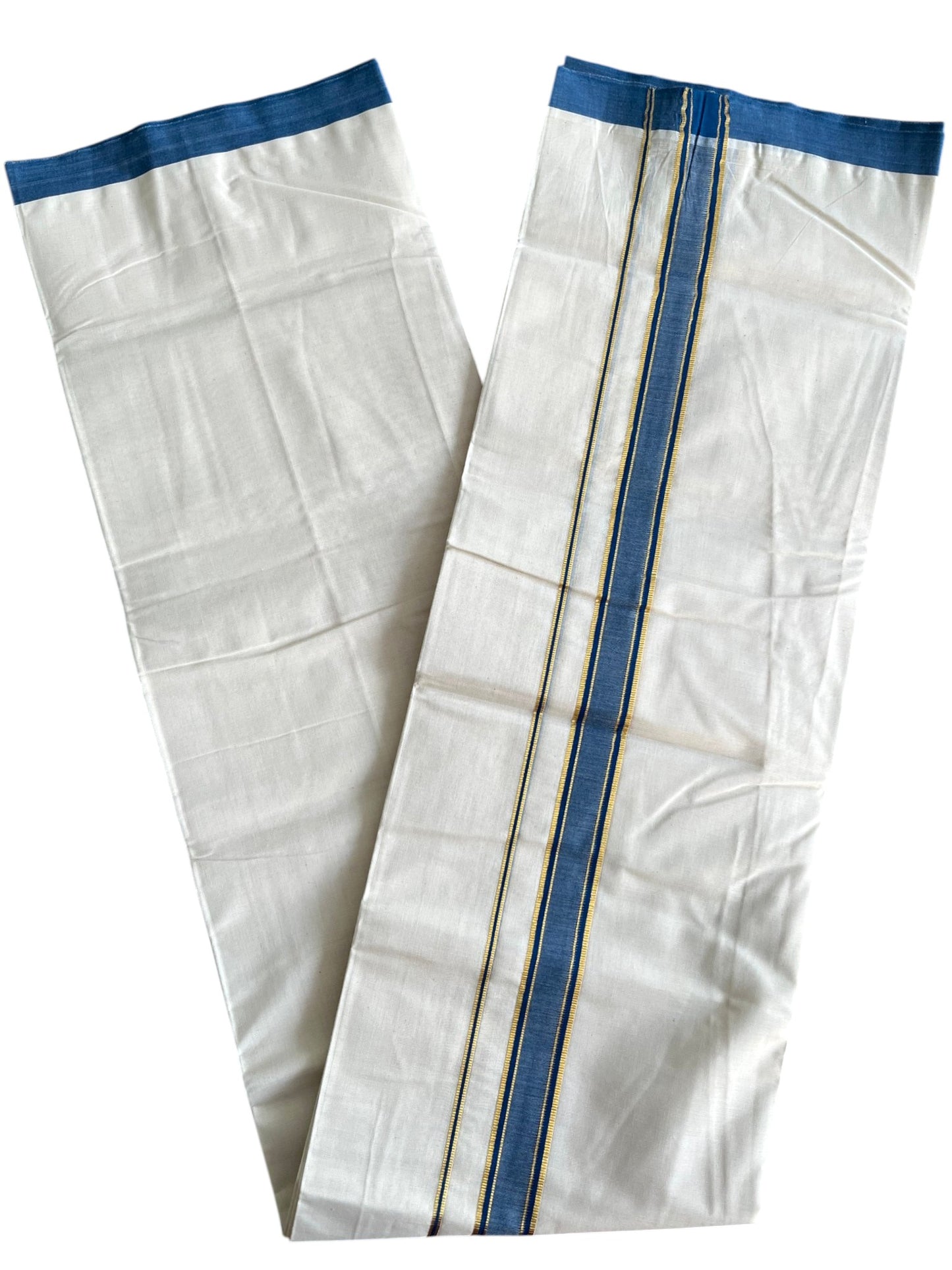 Southloom Pure Cotton Mundu with Golden Lines and Blue Border (South Indian Kerala Dhoti)