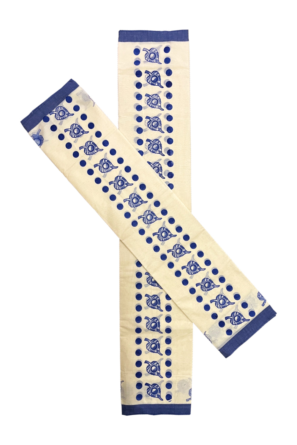 Kerala Cotton Set Mundu (Mundum Neriyathum) with Blue Polka Leaf Block Prints on Border