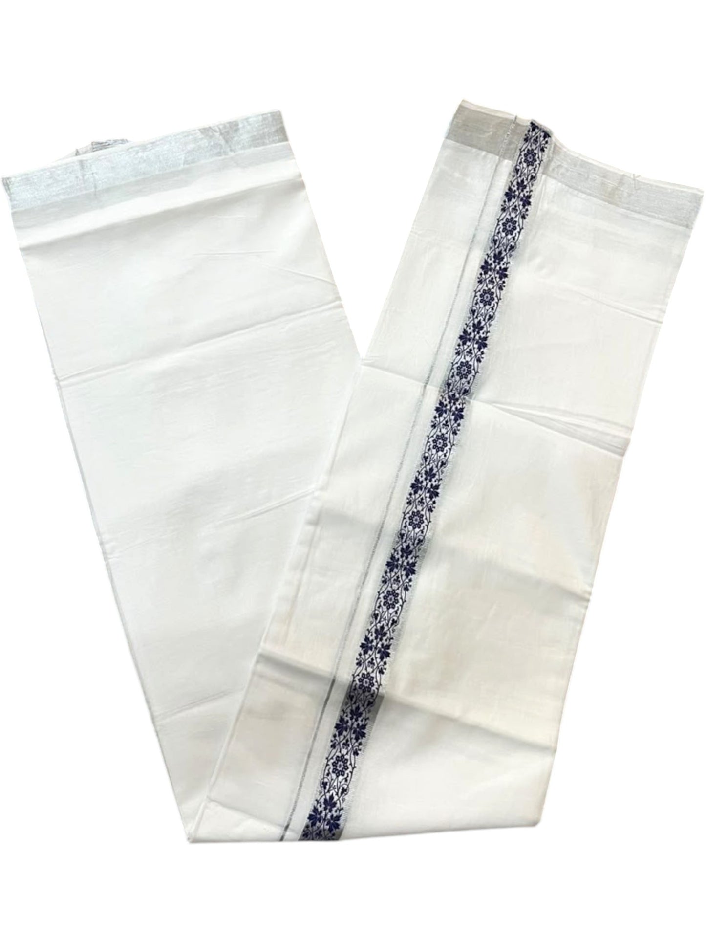 Southloom Pure White Cotton Mundu with Blue and Silver Kasavu Border (South Indian Kerala Dhoti)