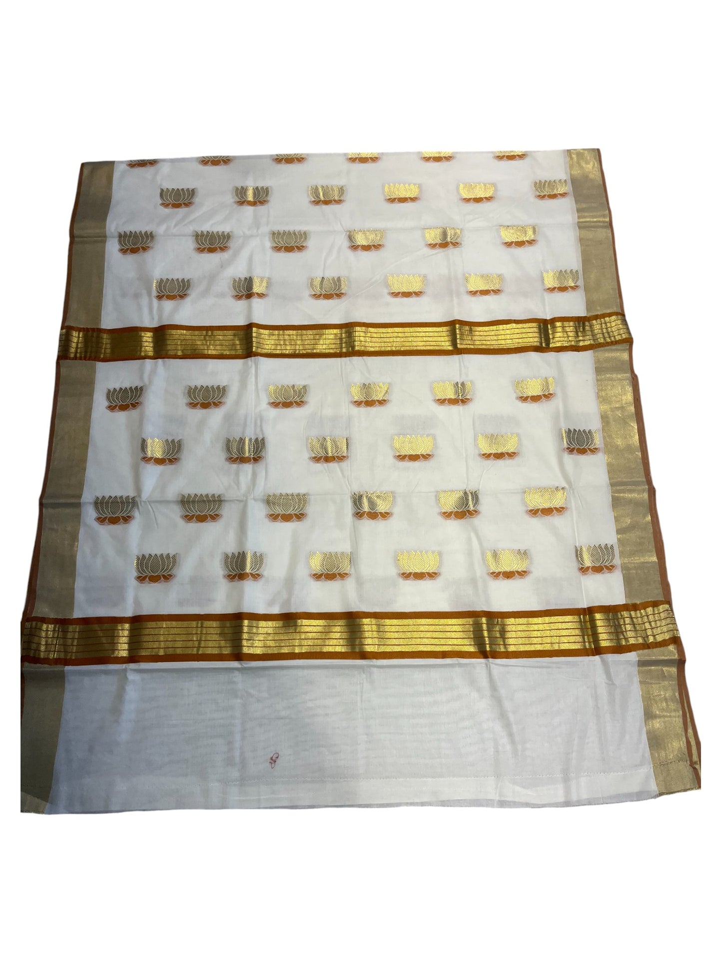 Southloom Kerala Cotton Kasavu Saree with Lotus Woven Work in Yellow