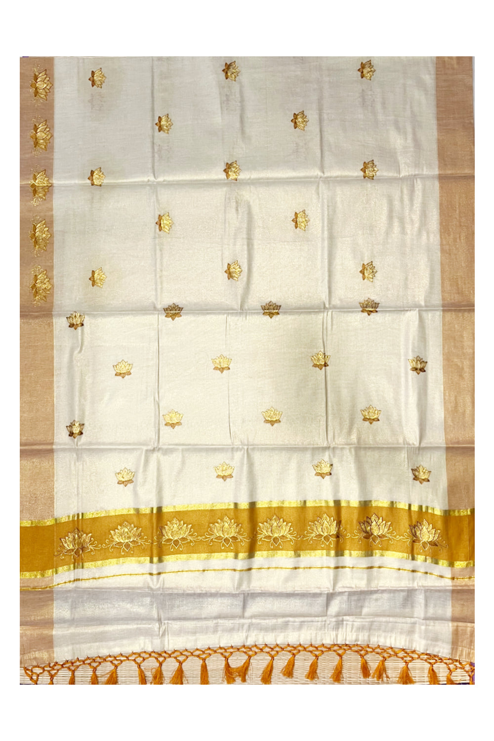 Southloom Kerala Tissue Kasavu Saree with Saffron And Golden Lotus Embroidary Designs on Body