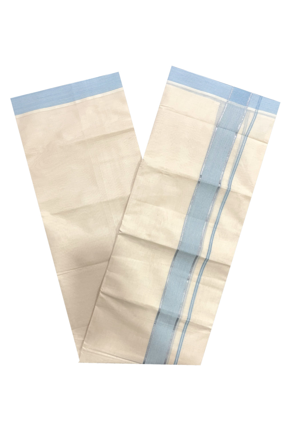 Pure Cotton 100x100 Double Mundu with Light Blue and Silver Kasavu Kara (Onam Mundu 2023)