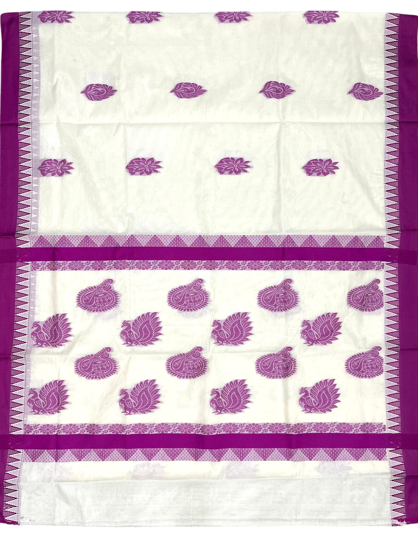 Southloom Pure Cotton Kerala Saree with Voilet Heavy Woven Designs and Temple Border