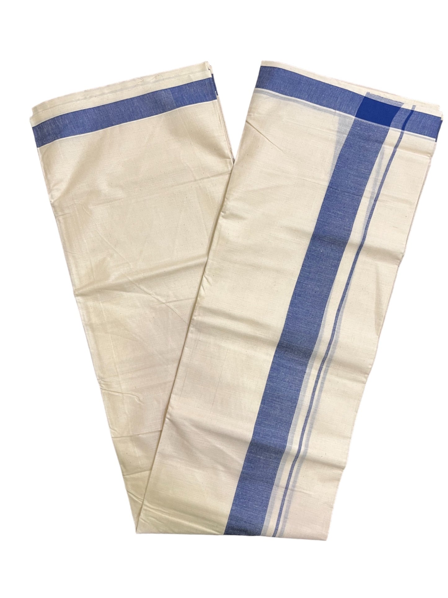 Kerala Pure Cotton Double Mundu with Blue Kara (South Indian Kerala Dhoti)