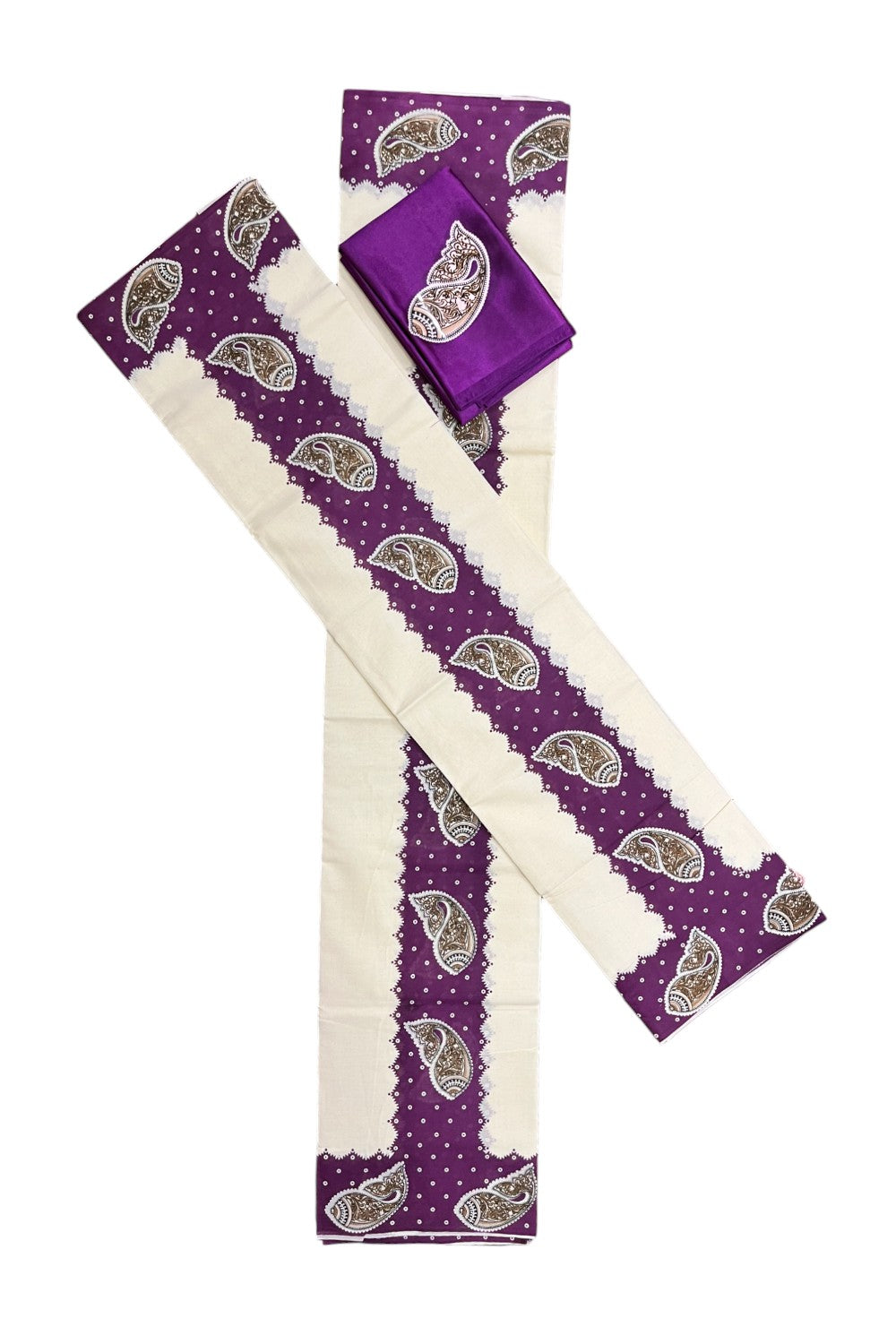 Kerala Cotton Set Mundu (Mundum Neriyathum) with Violet Block Prints and Seperate Blouse Piece