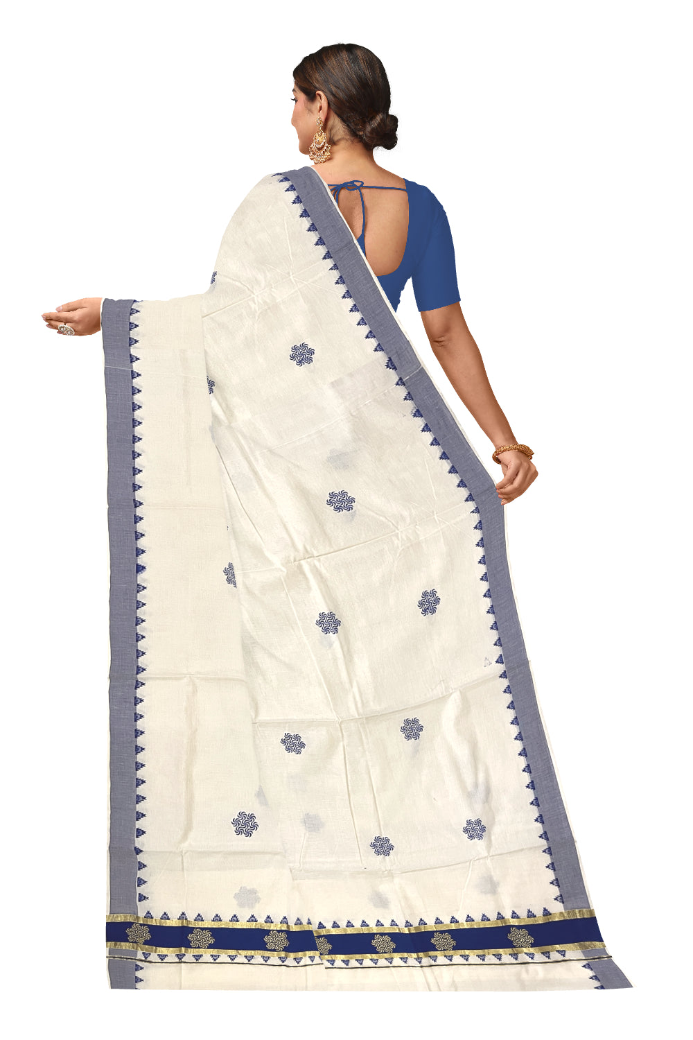 Pure Cotton Kerala Kasavu Saree with Blue Floral Block Printed Design