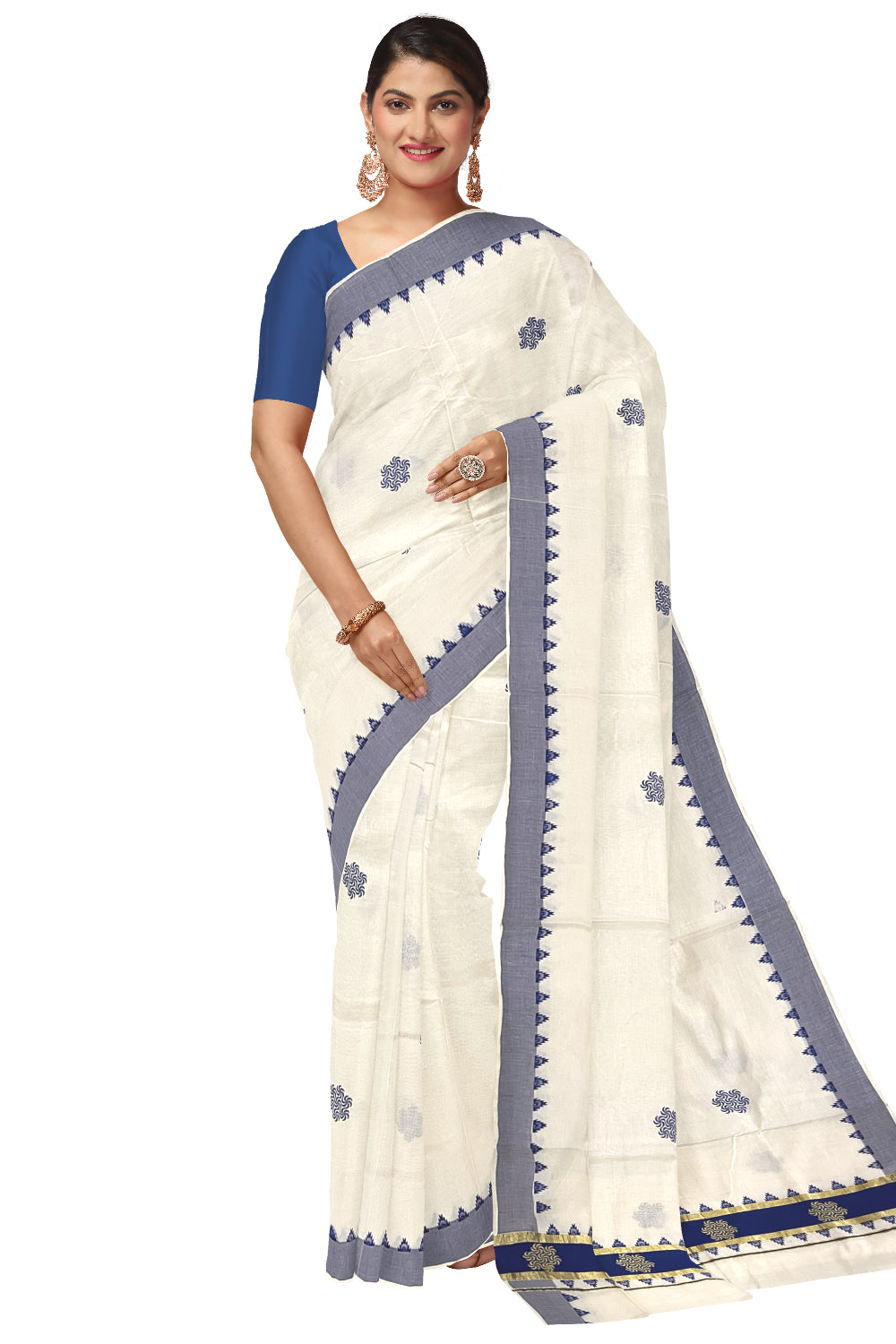 Pure Cotton Kerala Kasavu Saree with Blue Floral Block Printed Design