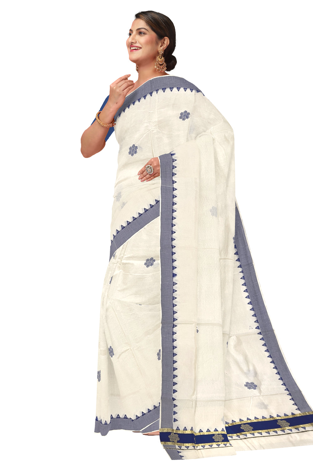 Pure Cotton Kerala Kasavu Saree with Blue Floral Block Printed Design