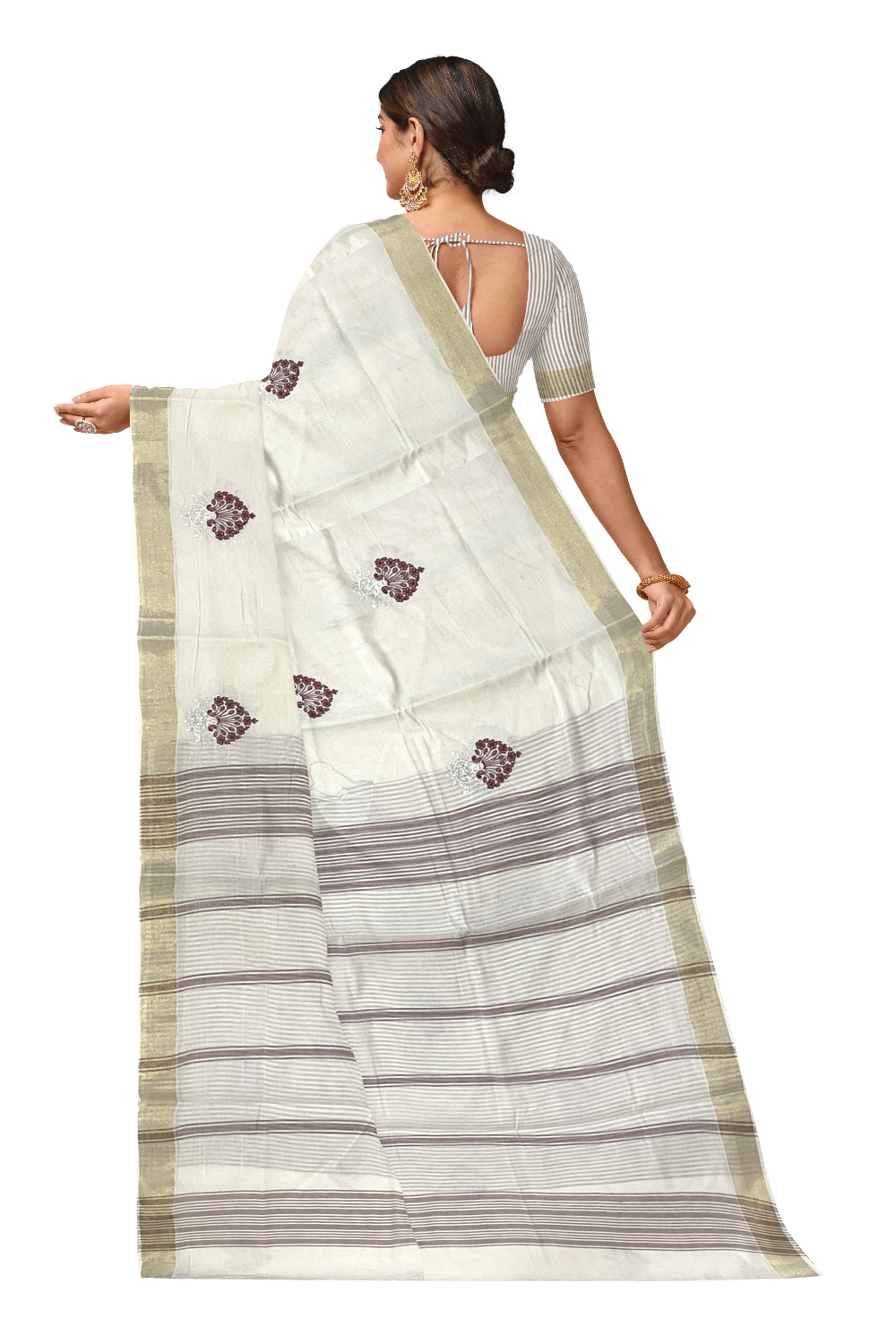 Pure Cotton Kerala Saree with Maroon Floral Embroidery Work and Kasavu Border