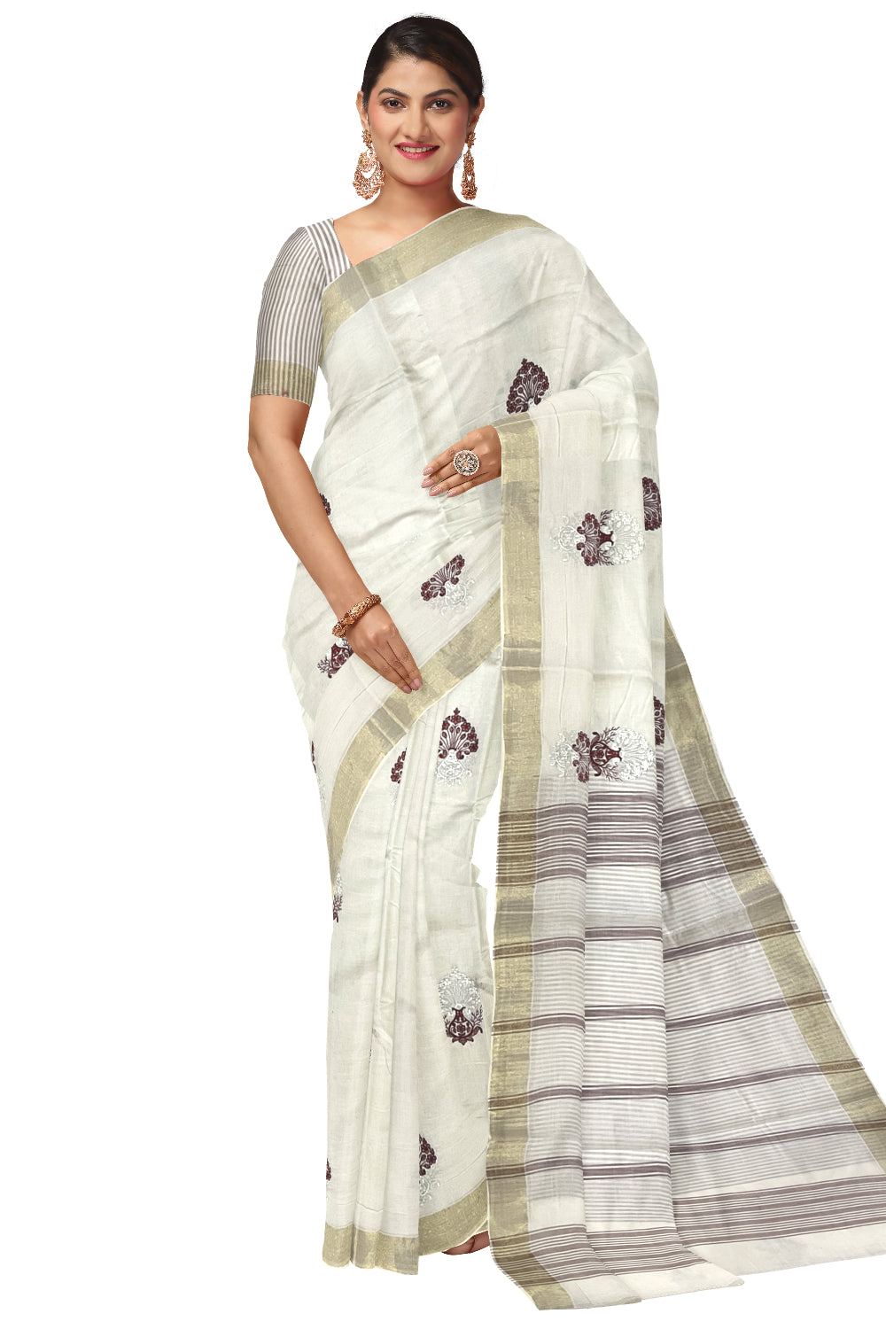 Pure Cotton Kerala Saree with Maroon Floral Embroidery Work and Kasavu Border