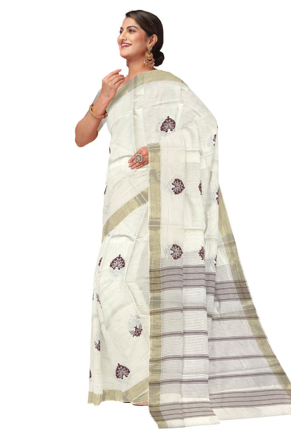 Pure Cotton Kerala Saree with Maroon Floral Embroidery Work and Kasavu Border