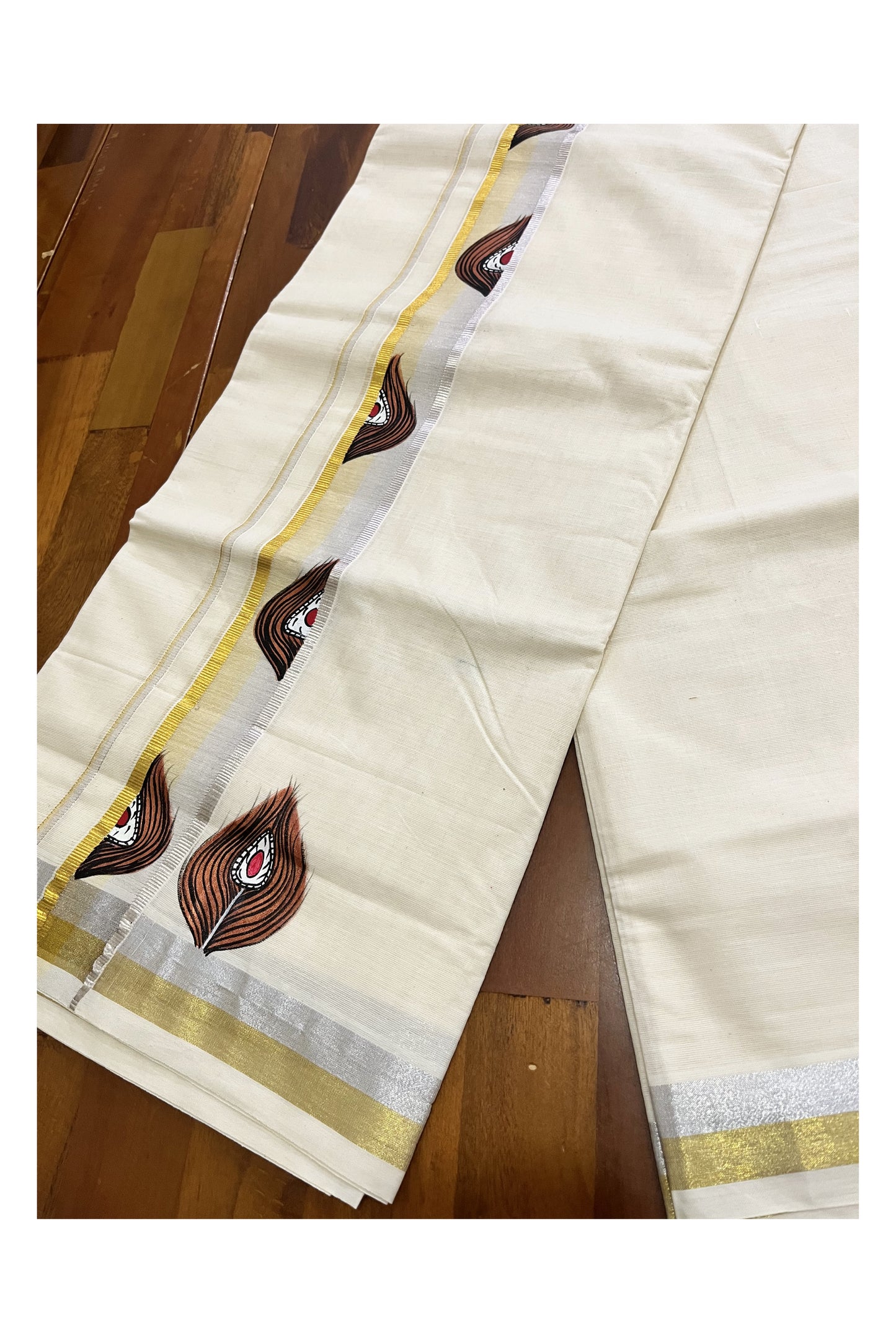 Off White Kerala Cotton Double Mundu with Feather Hand Painted Designs on Silver and Golden Kasavu Border (Vishu 2024 Collection)