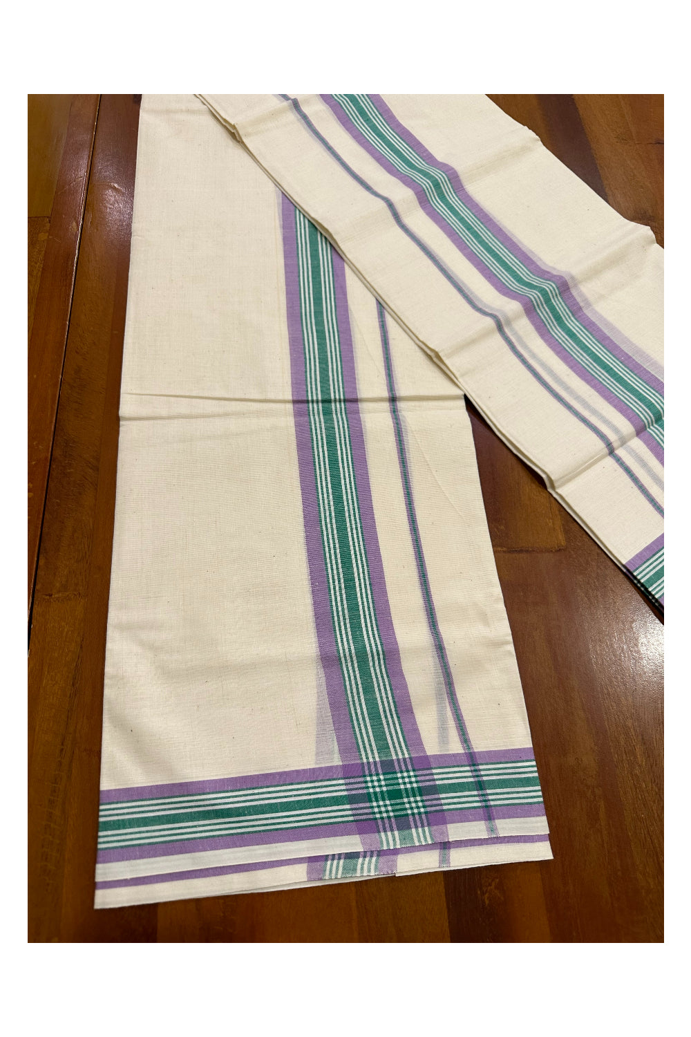 Kerala Mulloth Soft Cotton Mundum Neriyathum Single with Violet and Green Border (Onam Set Mundu 2023)