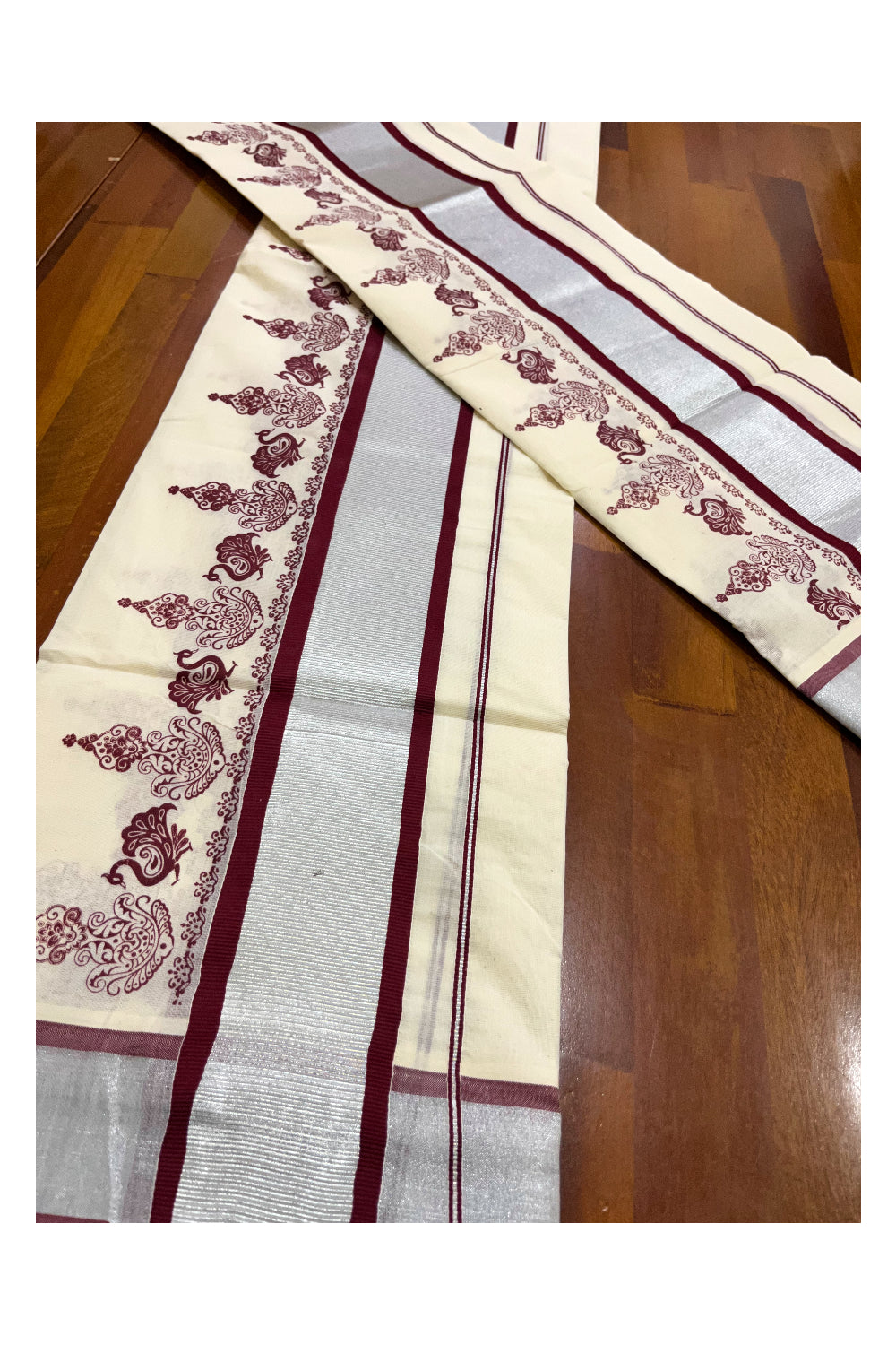 Pure Cotton Kerala Single Set Mundu (Mundum Neriyathum) with Maroon Block Printed Silver Kasavu Border