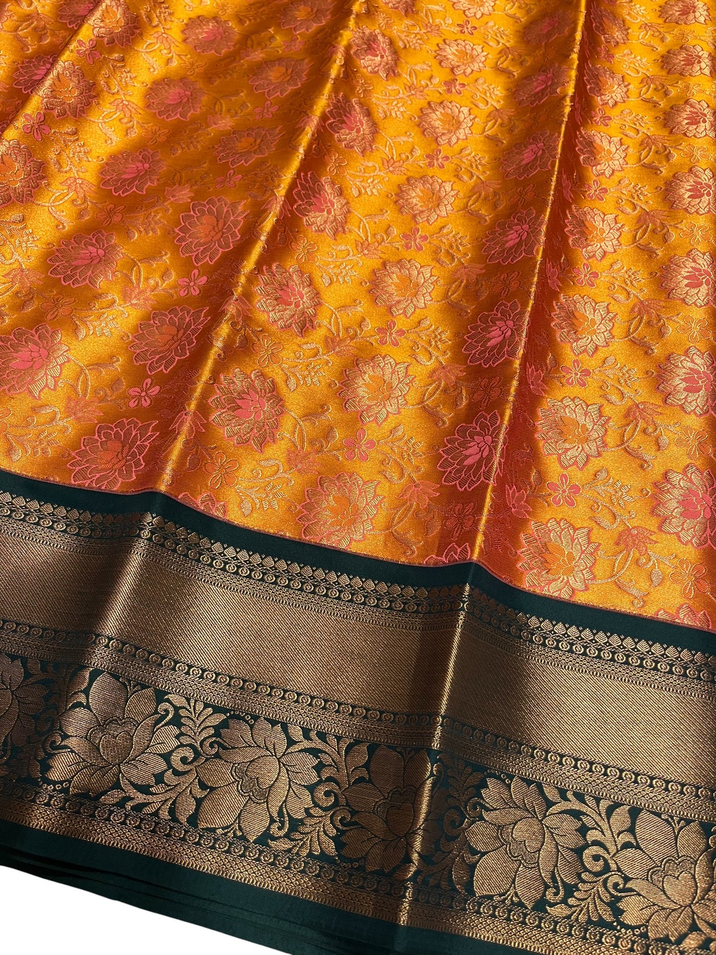 Southloom Banarasi Semi Silk Saree with Floral Zari Work Across Body (Yellow & Green)