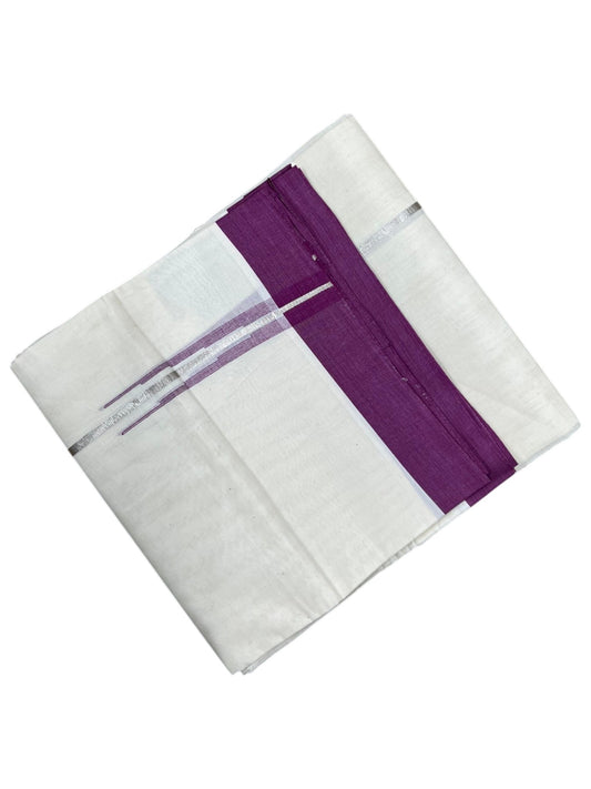 Southloom Pure Cotton Double Mundu with Silver Lines and Purple Chuttikara Border (South Indian Kerala Dhoti)