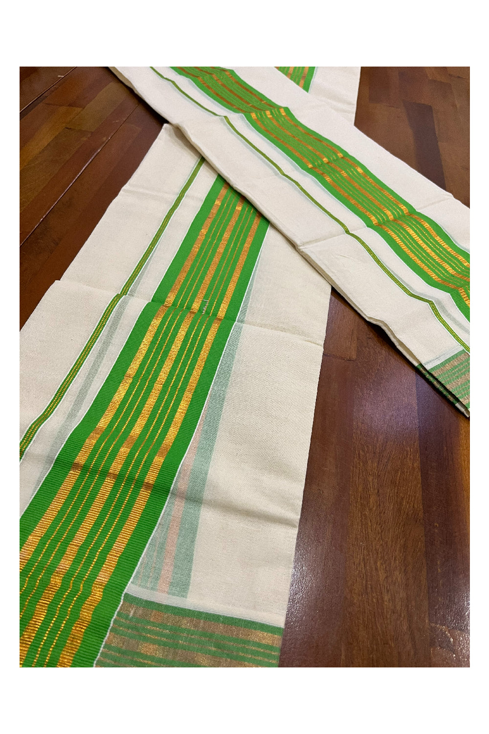 Pure Cotton Kerala Single Set Mundu (Mundum Neriyathum) with Light Green and Kasavu Border