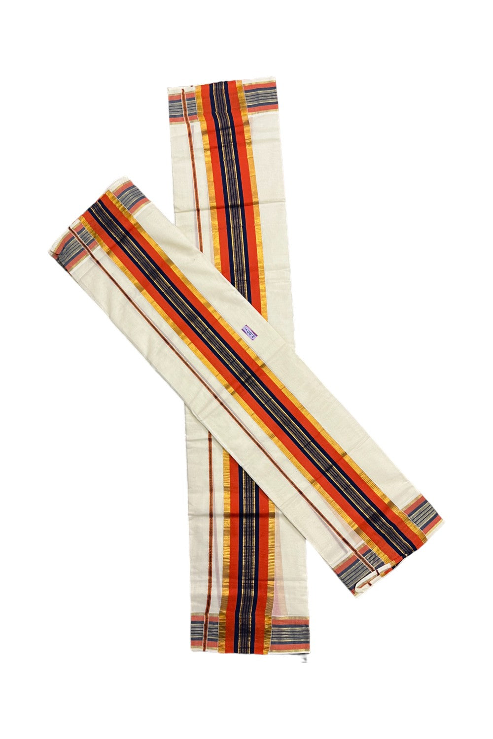 Kerala Cotton Kasavu Set Mundu (Mundum Neriyathum) with Orange and Blue Border 2.80 Mtrs