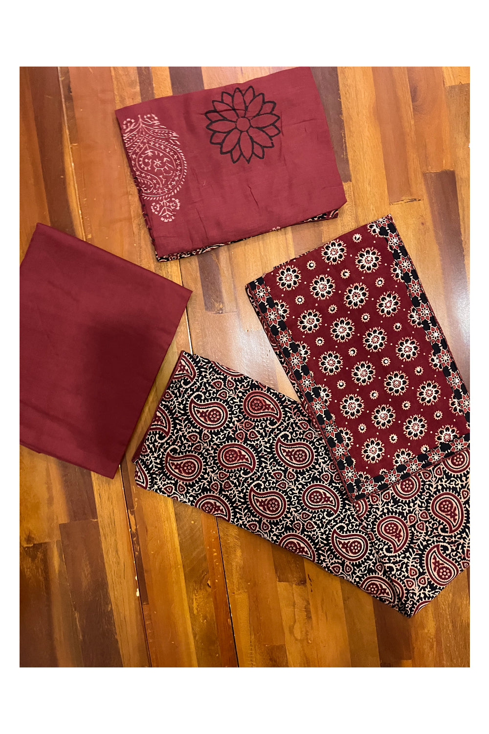 Southloom™ Cotton Churidar Salwar Suit Material with Black Maroon Ajrakh Prints